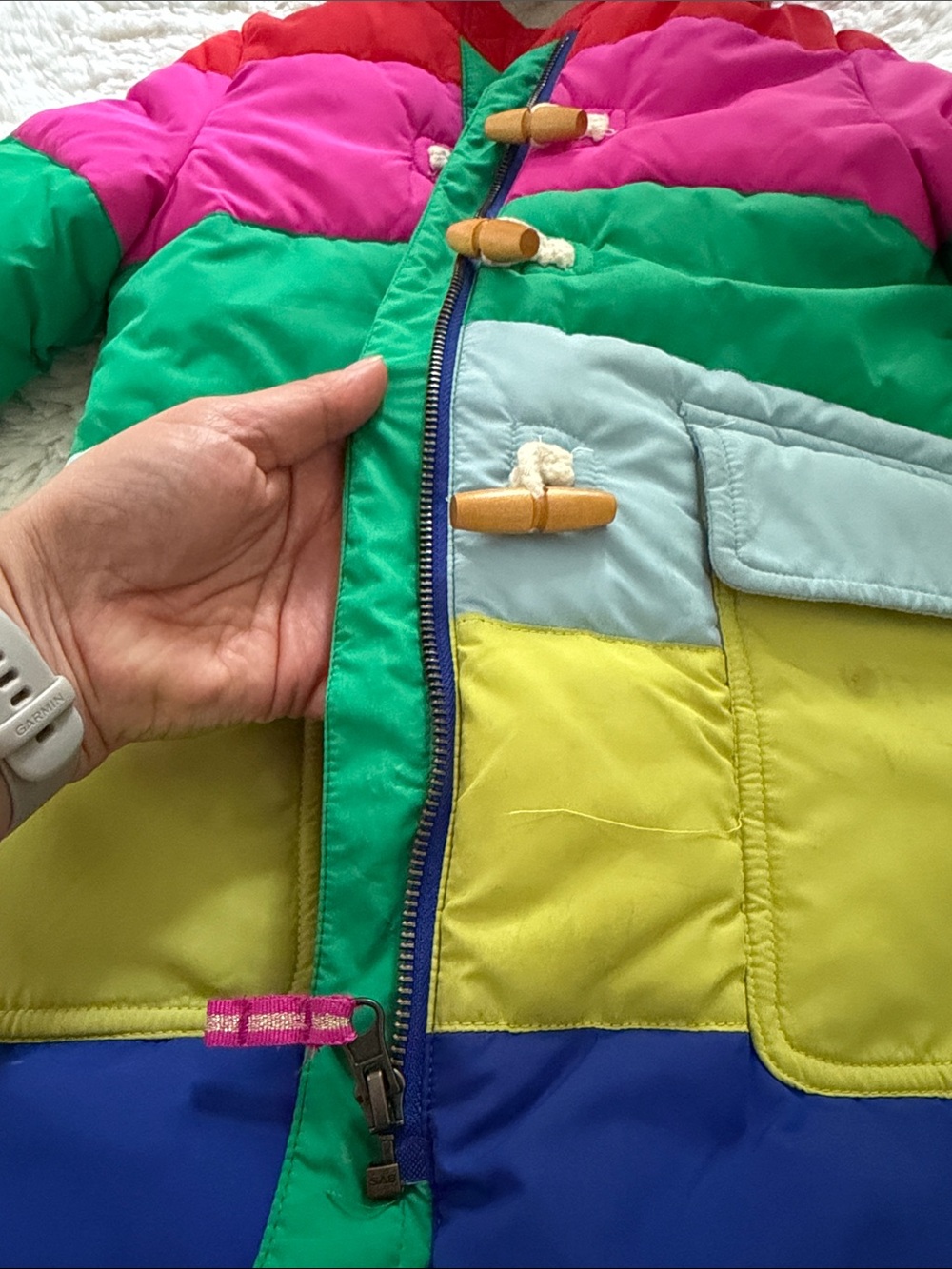 Mini Boden Bright Multicolor Striped Hooded Puffer Coat with Faux Fur Trim - Picture 6 of 7